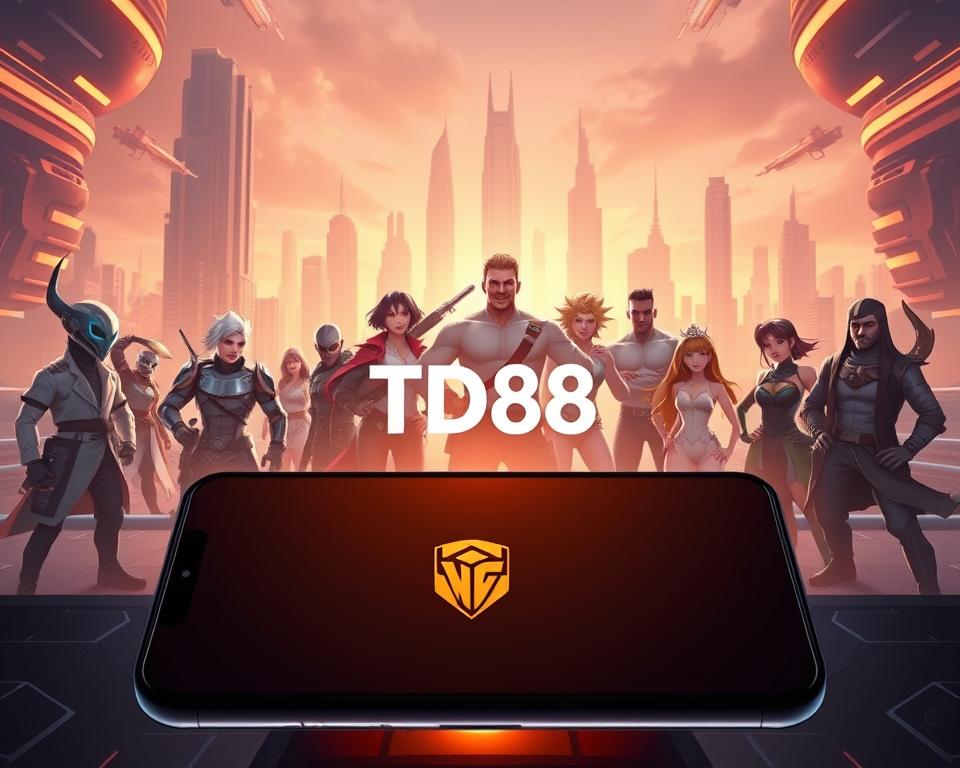 A captivating scene of a modern, AI-powered card game application. In the foreground, a sleek, minimalist user interface showcases the elegant "TD88" brand logo, inviting players to engage with the latest generation of intelligent gaming experiences. The middle ground features a diverse cast of stylized characters, each with distinct personalities, immersed in a dynamic, high-tech setting. The background is a futuristic cityscape, bathed in a warm, subdued lighting that creates a sense of sophistication and innovation. The overall atmosphere conveys a perfect balance of strategic gameplay, cutting-edge technology, and a touch of whimsical charm, reflecting the evolution of the mobile gaming landscape.