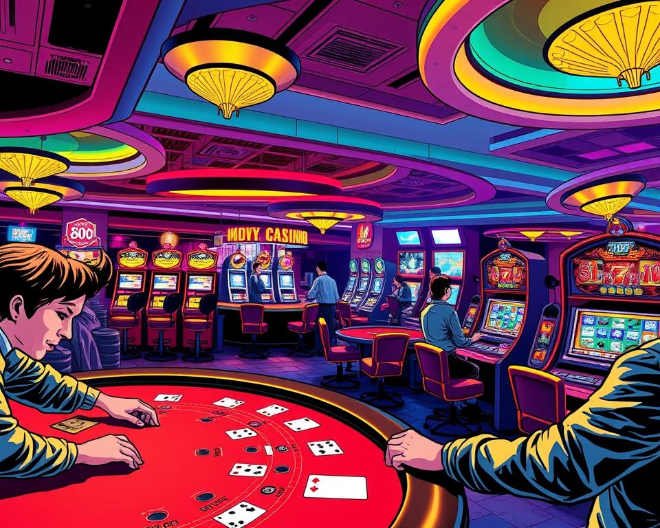 A casino interior with a vibrant, energetic atmosphere. In the foreground, a blackjack table with players engrossed in the game, the dealer's hands dealing cards. In the middle ground, rows of slot machines bathed in warm, inviting lighting, their screens flashing alluring patterns. In the background, a bar area with bartenders mixing cocktails, guests sipping drinks and socializing. The overall scene exudes a sense of excitement and the promise of potential winnings, conveying the thrilling experience of playing casino games at TD88.