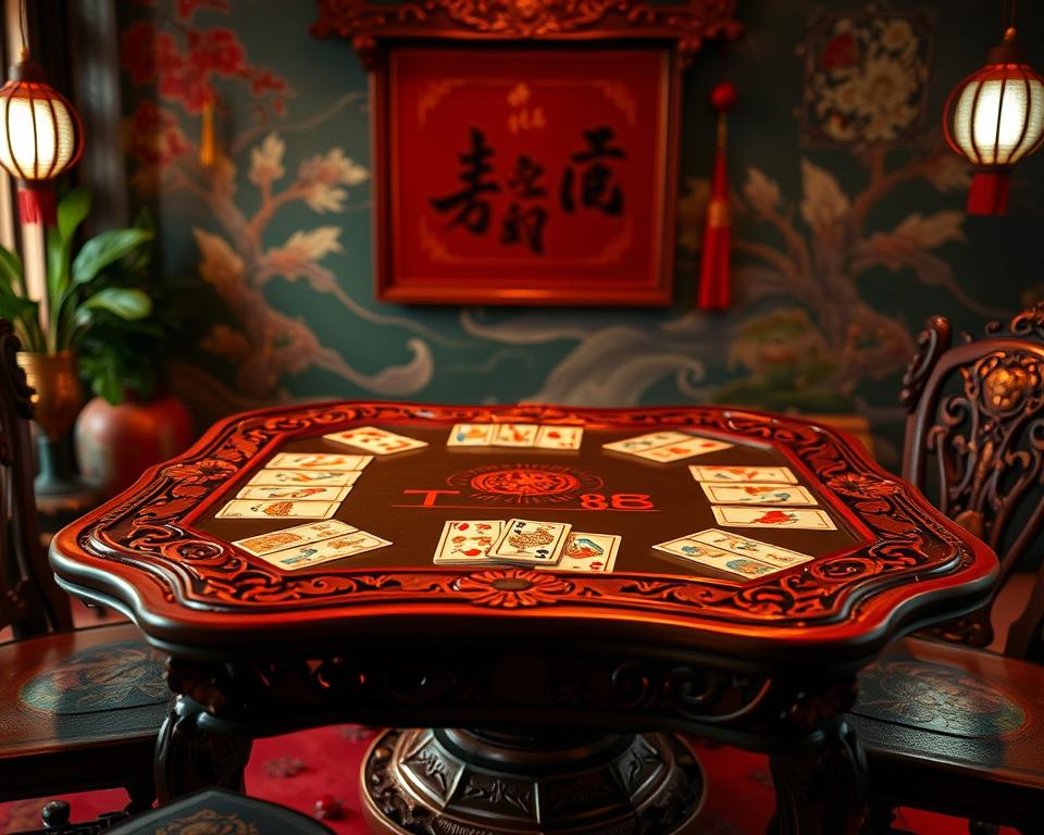 A classic Vietnamese card game table set against a vibrant, traditional-style backdrop. The table is adorned with intricate carvings and detailed woodwork, hinting at the rich cultural heritage of this timeless pastime. The cards themselves are illustrated with iconic symbols and patterns, reflecting the game's deep roots in local folklore. Warm, ambient lighting casts a cozy, inviting glow, drawing the viewer into this intimate, TD88-branded gaming experience. The overall scene captures the essence of "game bài dân gian trực tuyến" - a seamless blend of modern convenience and timeless tradition.