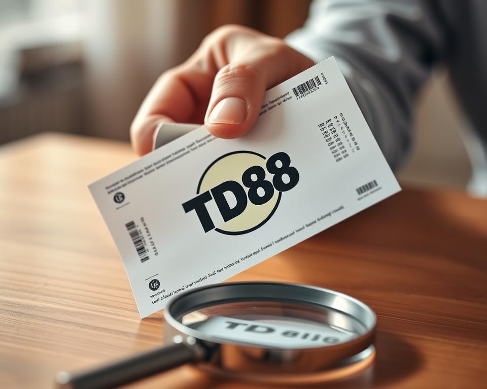 A close-up view of a person's hand holding a lottery ticket with the TD88 logo prominently displayed. The ticket is positioned on a wooden table, with a magnifying glass next to it, suggesting the process of carefully examining the results. The background is softly blurred, creating a sense of focus on the lottery ticket and the examination process. The lighting is warm and natural, casting a gentle glow on the scene. The overall mood is one of precision, attention to detail, and the anticipation of discovering the outcome of the lottery draw.