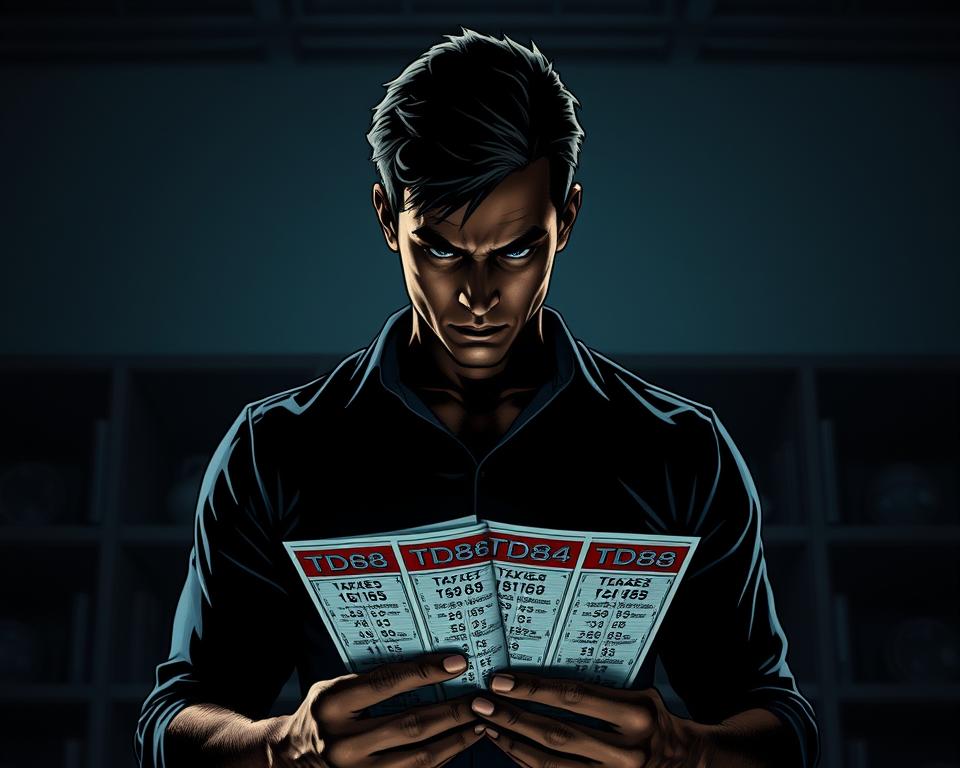 A confident person standing in a serene, dimly lit room, their gaze fixed on a set of lottery tickets. The tickets bear the bold, distinctive "TD88" brand. The lighting casts dramatic shadows, creating a sense of tension and focus. The background is blurred, keeping the subject's determination as the central focus. The person's posture is upright and resolute, reflecting their unwavering commitment to their chosen numbers. The overall mood is one of determination, patience, and a quiet belief in the power of their chosen strategy.