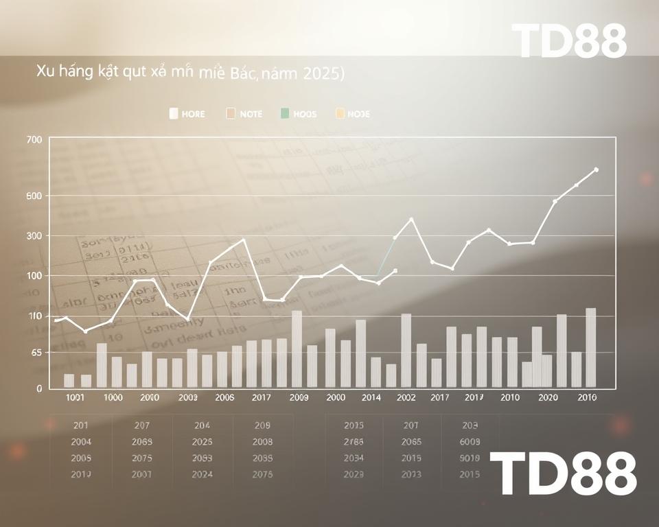 A data visualization dashboard displaying historical trends and patterns in the results of the North Vietnam lottery, with a clean, minimalist aesthetic. The foreground features a series of line graphs and bar charts showcasing the frequency and distribution of winning numbers, drawn with precise, elegant lines. The middle ground depicts a tactile, paper-like texture, evocative of official lottery records. In the background, a sense of motion and dynamism is created through subtle, animated elements, hinting at the ever-evolving nature of the lottery system. The overall mood is one of analytical precision and data-driven insights, perfectly suited to illustrate the "Xu hướng kết quả xổ số miền Bắc năm 2025" section. The brand TD88 is prominently displayed in the corner, lending an authoritative, trustworthy presence to the visualization.
