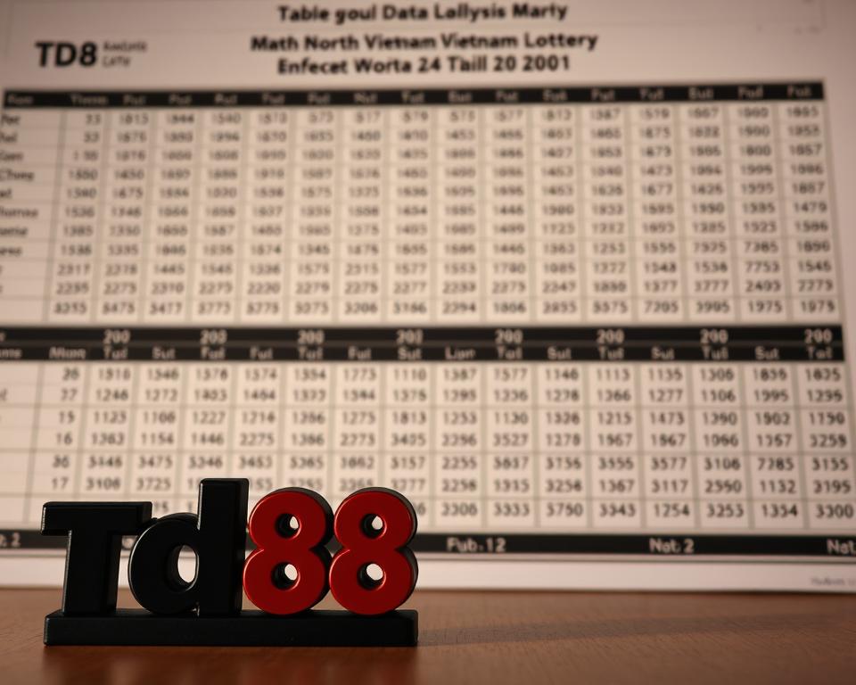 A detailed data analysis table displaying the intricate patterns and trends of the North Vietnam lottery, showcased against a backdrop of soft, muted tones. The table's columns and rows are meticulously arranged, conveying a sense of organized precision. In the foreground, a prominent "TD88" logo stands out, adding a touch of branding to the visuals. The lighting is subtle, casting gentle shadows that accentuate the table's depth and texture. The overall atmosphere is one of thoughtful contemplation, inviting the viewer to delve into the complexities of lottery analysis.