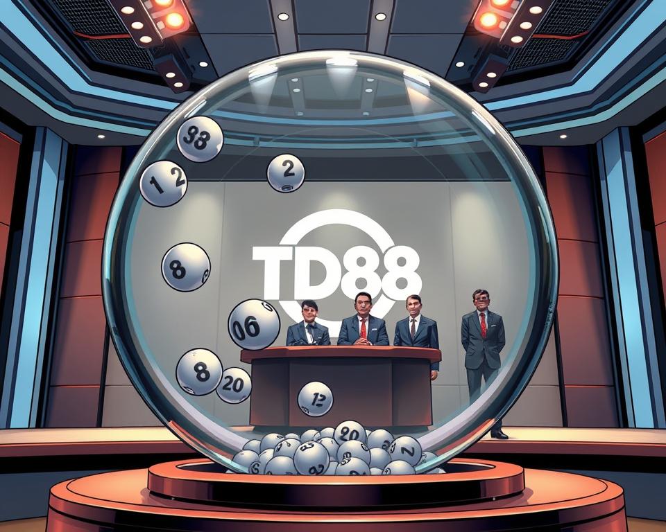 A detailed, high-resolution image depicting the lottery drawing process. The scene showcases a modern, well-lit studio with a large, transparent lottery drum in the foreground. Numbered balls tumble gracefully within the drum, hinting at the randomness and transparency of the draw. In the middle ground, a team of officials in professional attire carefully monitors the proceedings. The background features the TD88 logo, conveying the authoritative and trustworthy nature of the lottery organization. The overall atmosphere is one of precision, integrity, and public transparency, reflecting the key benefits of the lottery system.