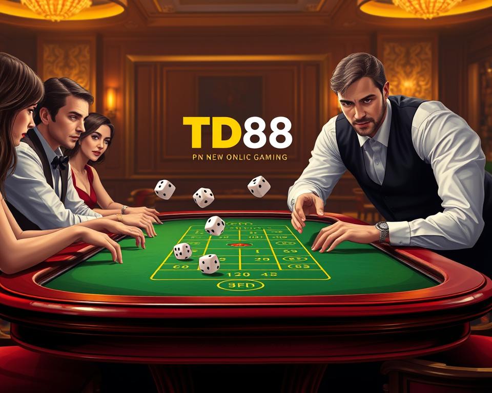 A detailed, realistic illustration of a casino gaming table with a focus on the "xoc dia" (dice-throwing) game. The table is made of rich, polished wood, with a green felt surface. Dice are being tossed by a dealer wearing a crisp, white shirt and black vest, their hands in motion. Players lean in, their faces intent, as they observe the roll. Warm, golden lighting casts a subtle glow, creating an atmosphere of excitement and anticipation. In the background, the TD88 casino logo is prominently displayed, signifying a premium online gaming experience.