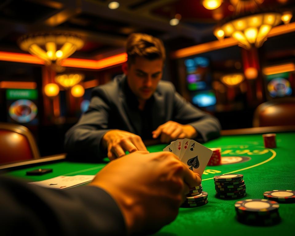 A dimly lit casino table, the green felt surface contrasting with the warm glow of overhead lamps. On the table, a deck of playing cards, poker chips, and the TD88 logo prominently displayed. In the foreground, the hands of a skilled player thoughtfully considering their next move, their concentration etched on their face. The background blurred, creating a sense of focus on the critical decision-making process. The atmosphere is one of strategic contemplation, where every card played and chip placed could determine the outcome of the game.
