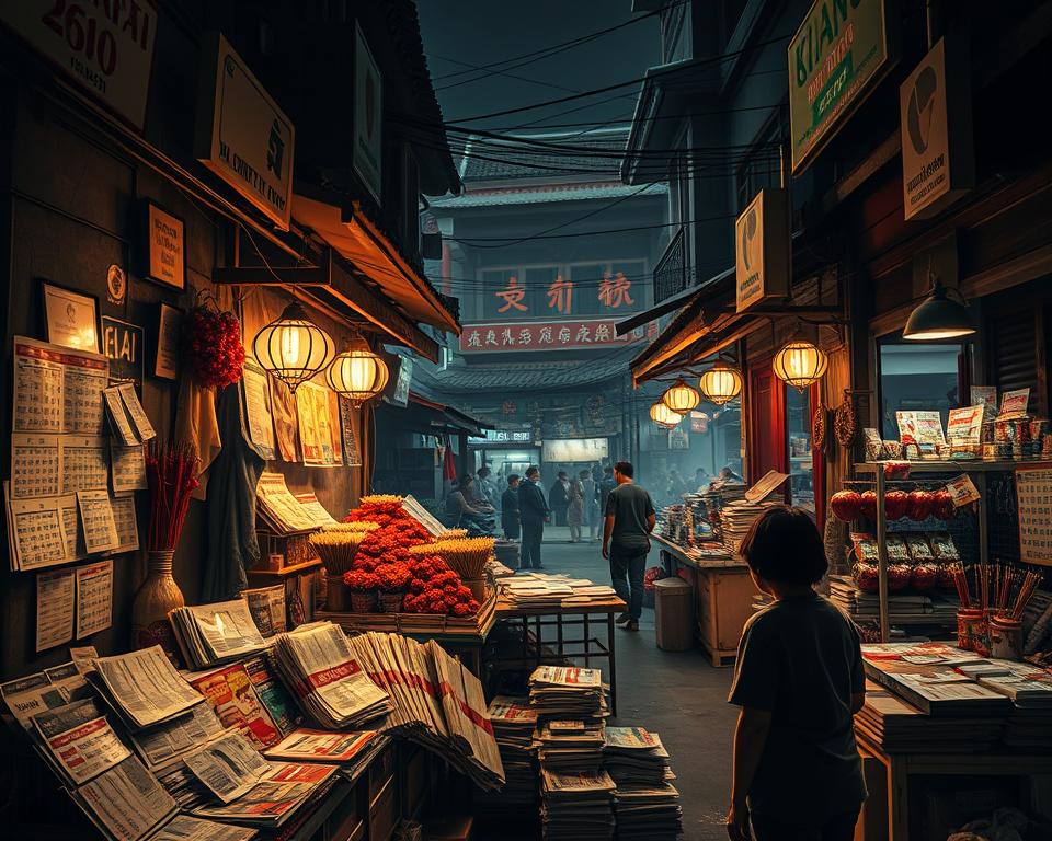 A dimly lit, richly detailed scene of a bustling Vietnamese street market. In the foreground, vendors display an array of lottery tickets, newspapers, and handwritten lotto predictions. The middle ground reveals stalls offering incense, lucky charms, and fortune-telling services. In the background, the vibrant colors and intricate architecture of traditional Vietnamese buildings create a sense of cultural authenticity. Soft, warm lighting filters through the scene, casting a contemplative atmosphere. The overall composition conveys the essence of the "Soi Cầu Lô Đề Chuẩn" practice - a fusion of superstition, strategy, and the pursuit of life-changing fortune.