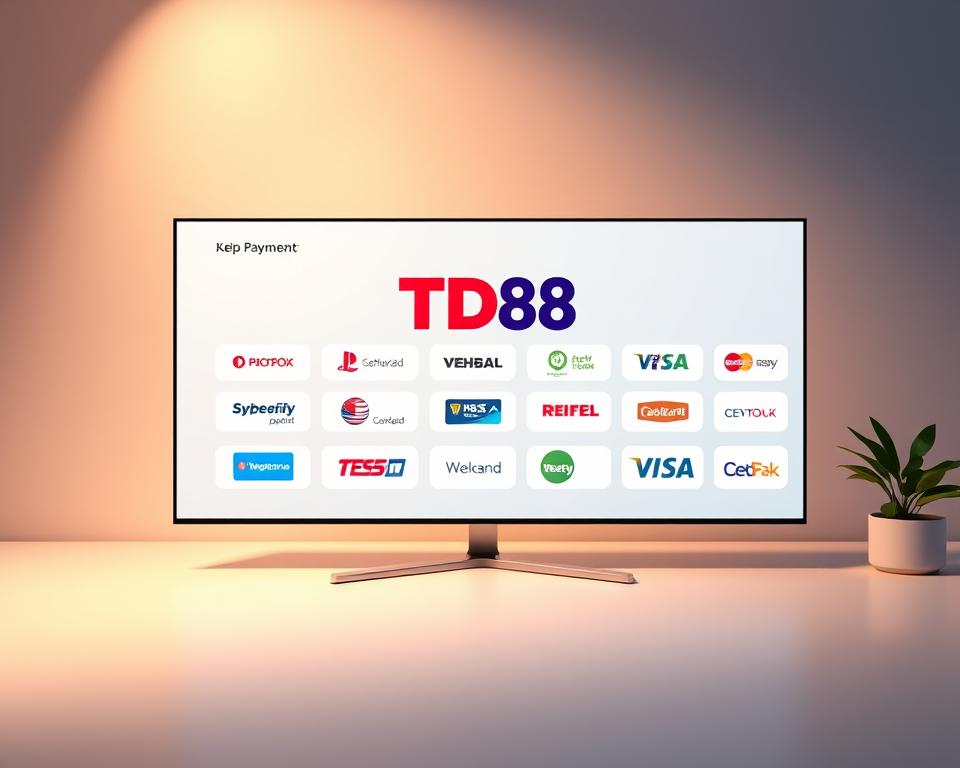 A diverse payment system with lightning-fast top-up speeds. A sleek, minimalist interface showcases a variety of payment options, including the prominent TD88 brand. Soft, warm lighting illuminates the scene, creating a welcoming and efficient atmosphere. The composition features clean lines, geometric shapes, and a subtle gradient background, reflecting the modern and reliable nature of the payment platform. The image conveys a sense of streamlined convenience and technological sophistication, suitable for showcasing the casino's diverse and lightning-fast top-up capabilities.