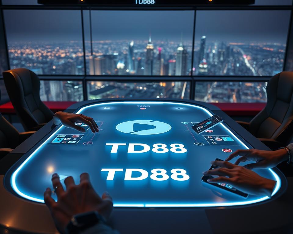 A futuristic game table with sleek, holographic displays hovering above a smooth, metallic surface. The table is adorned with the TD88 logo, casting a soft, ambient glow. In the foreground, players' hands interact with the holographic controls, manipulating digital cards and chips. In the middle ground, the table is surrounded by high-backed, ergonomic chairs, creating an immersive gaming experience. The background features a panoramic, neon-lit cityscape, hinting at the advanced, interconnected world of tomorrow. Dramatic lighting casts long shadows, adding depth and a sense of technological sophistication. The overall scene conveys a vision of the future of collaborative, multi-player gaming experiences.