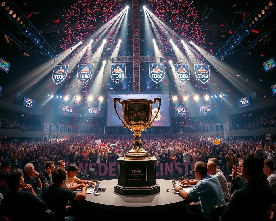 A grand tournament stage set against a majestic backdrop, illuminated by dramatic lighting. In the foreground, a massive trophy glistens, its design elegant and striking. Surrounding it, colorful confetti rains down, creating a celebratory atmosphere. In the middle ground, professional esports players engage in an intense, high-stakes game of cards, their faces fixed with determination. In the background, a packed audience cheers and waves TD88 banners, their excitement palpable. The scene conveys the grandeur, tension, and thrill of a premier weekly card game tournament with a colossal prize pool.
