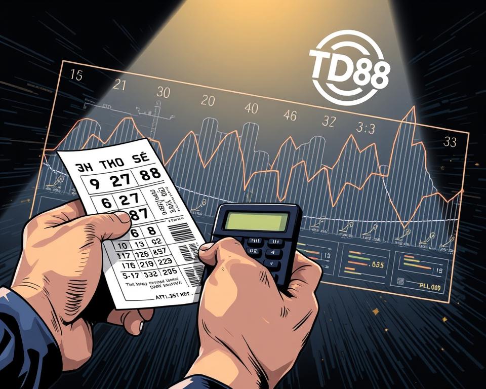 A high-contrast, detailed illustration depicting the "Chiến thuật xổ số theo tần suất mua vé" strategy. In the foreground, a hand holding a lottery ticket and a calculator, symbolizing the analytical approach. In the middle ground, a stylized visualization of lottery draw frequency, with pulsating lines and data visualizations. In the background, an abstract TD88 logo casts a subtle influence, hinting at the platform's role in enabling this strategy. The lighting is dramatic, creating a sense of importance and gravity. The overall mood is one of thoughtful consideration and strategic planning, inviting the viewer to explore the nuances of this lottery optimization technique.