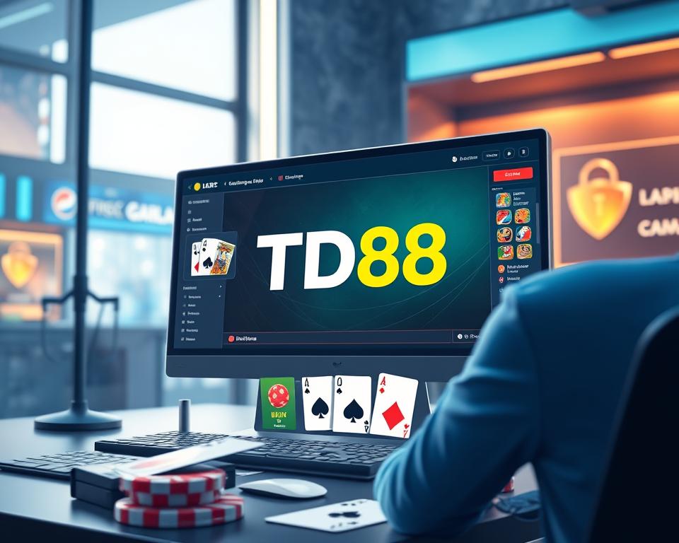A high-resolution, hyper-realistic image of a well-lit, modern online gaming interface showcasing the TD88 brand. The interface features a clean, intuitive layout with vibrant card game icons, sleek navigation menus, and a prominent "TD88" logo. The scene conveys a sense of security, trust, and professionalism, with subtle design elements that suggest legal compliance and user safety. The overall atmosphere is one of a secure, regulated, and reputable online gaming platform.