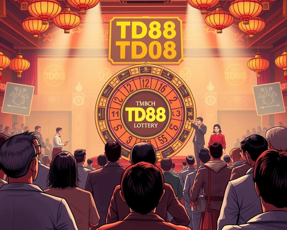 A meticulously designed digital illustration depicting the essence of the Vietnamese lottery, "xổ số miền Nam". The scene showcases a vibrant and bustling lottery hall, with a focal point on the TD88 lottery logo prominently displayed. In the foreground, players eagerly await the draw, their expressions filled with anticipation. The middle ground features a large, ornate lottery wheel spinning, surrounded by attendants in formal attire. The background gradually blurs into a warm, atmospheric environment, with hints of traditional Vietnamese architecture and decorations. The lighting is soft and diffused, creating a sense of tranquility and excitement. The overall composition aims to capture the thrill and excitement of participating in the beloved Vietnamese lottery tradition.
