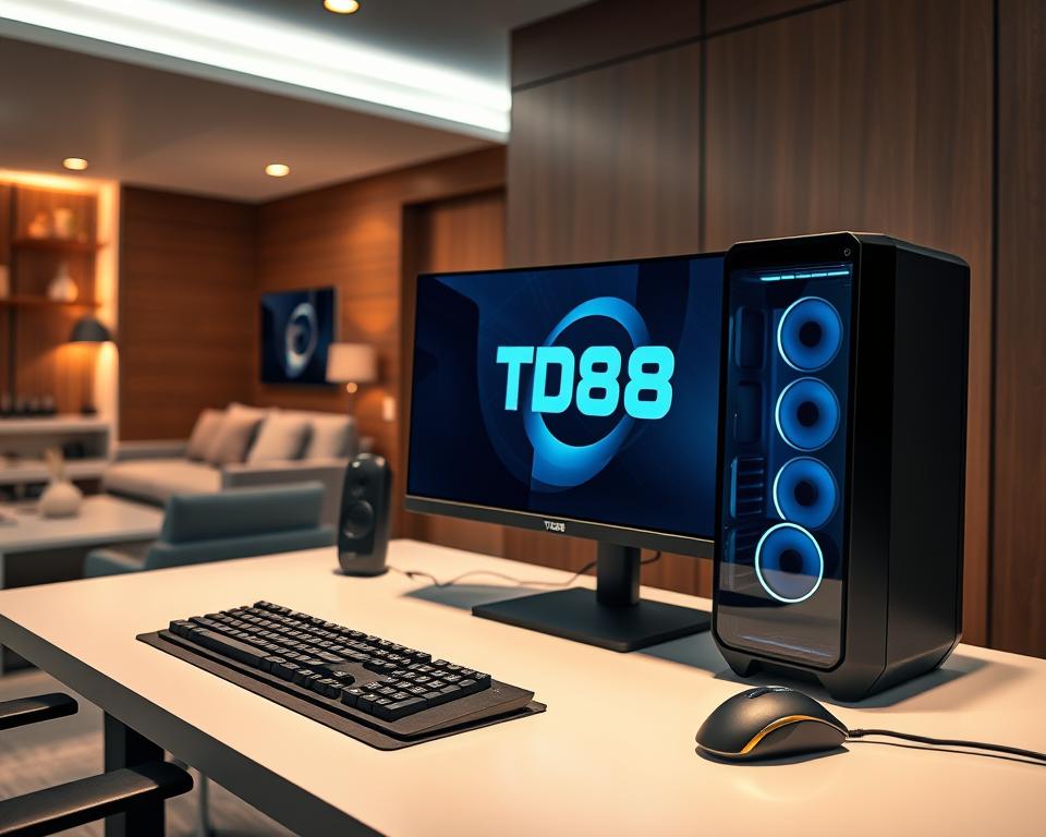 A modern gaming setup with a powerful PC featuring the TD88 brand. The desk is minimalist and clean, with a large curved monitor, a mechanical keyboard, and a high-quality gaming mouse. Soft, indirect lighting creates a cozy, focused atmosphere, while the background showcases a sleek, contemporary interior design with warm wooden accents. The scene conveys a sense of efficiency and immersion, perfect for an intense gaming session with friends.