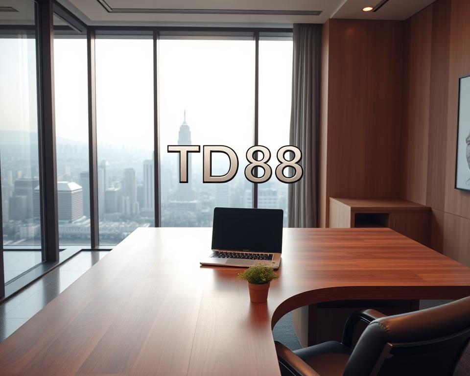 A modern, minimalist office interior with clean lines and a warm, inviting atmosphere. The scene features a large, wooden desk with a sleek, black laptop and a stylized, metallic TD88 logo prominently displayed. Behind the desk, a floor-to-ceiling window offers a panoramic view of a bustling city skyline, bathed in soft, natural lighting. In the foreground, a comfortable leather chair and a small, potted plant create a welcoming workspace. The overall mood is one of professionalism, attention to detail, and a commitment to providing excellent customer service.