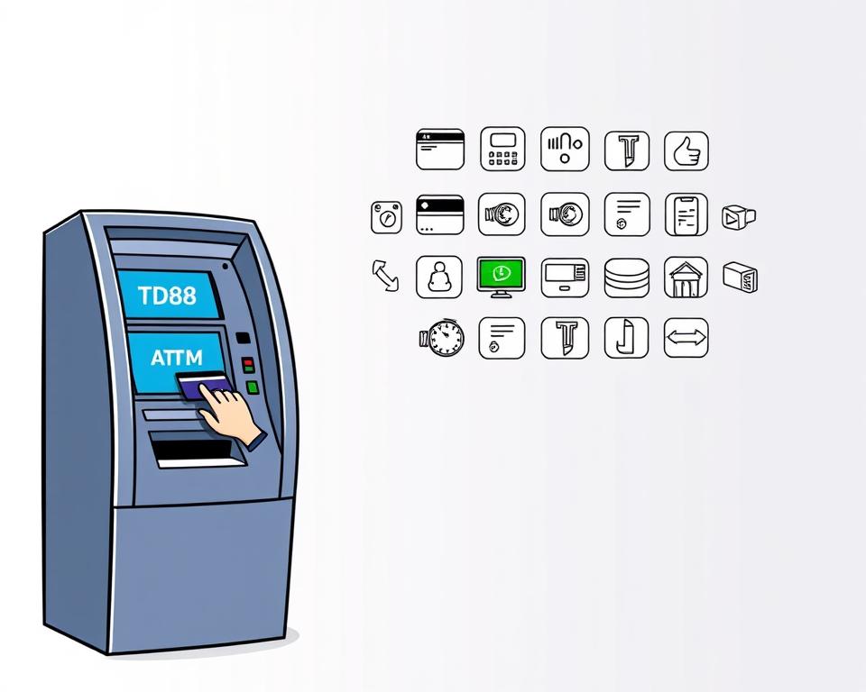 A modern, sleek illustration showcasing the popular cash withdrawal methods at the online gaming platform TD88. The foreground features a stylized ATM machine, with a hand inserting a debit card and a digital display showing the TD88 logo. The middle ground depicts various payment icons such as credit cards, mobile wallets, and bank transfer symbols, all arranged in a visually striking layout. The background is a minimalist gradient, providing a clean and professional look that complements the overall design. The lighting is soft and even, creating a sense of balance and sophistication. The angle is slightly elevated, giving the viewer a comprehensive overview of the different withdrawal options available at TD88.