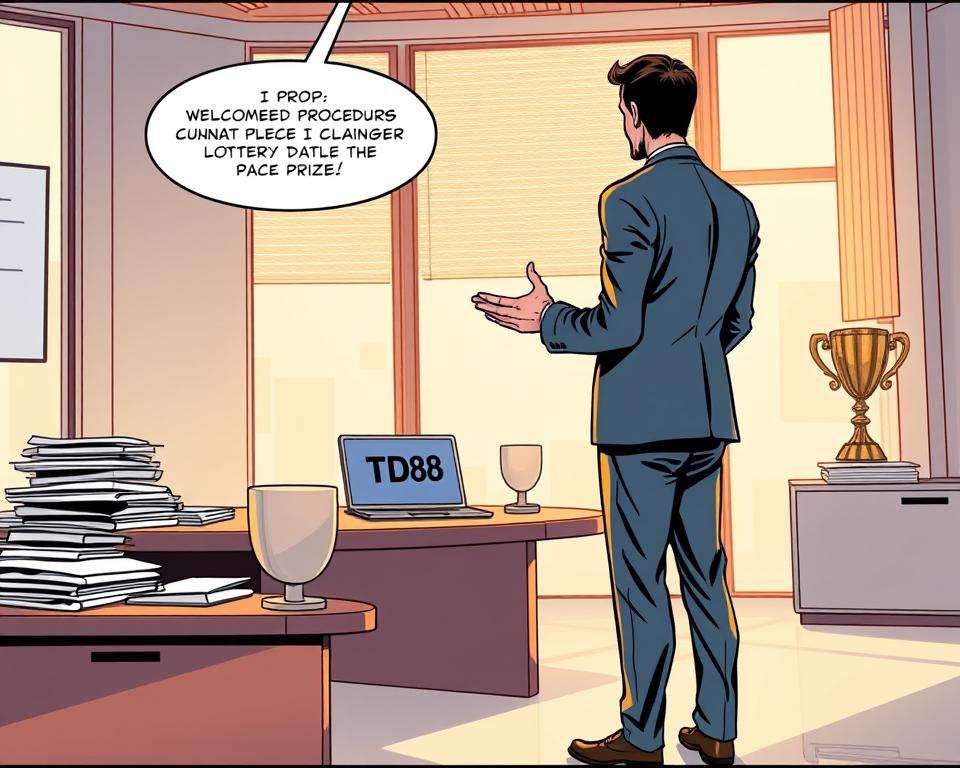 A modern, stylish office interior with clean lines and a minimalist aesthetic. The scene depicts a desk with a laptop, stacks of documents, and a trophy-like object, all bathed in warm, natural lighting filtering in from large windows. In the foreground, a person in a suit is standing, gesturing towards the desk, as if explaining the procedure for claiming a lottery prize. The overall mood is professional, yet welcoming, with a sense of celebration and accomplishment. The logo "TD88" is prominently displayed on the trophy-like object.