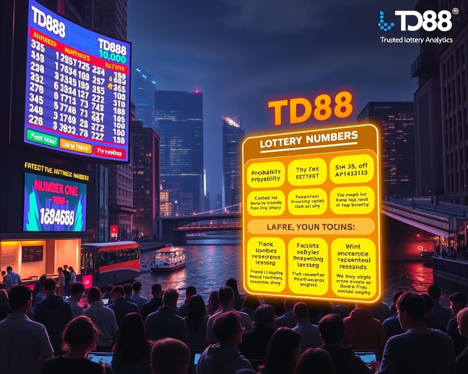 A neon-lit cityscape at night, with a large, digital display board showcasing the latest lottery numbers and odds. In the foreground, a stylized, glowing infographic illustrates the effective methods for lottery analysis, including probability calculations, trend identification, and number pattern recognition. The middle ground features a crowd of people studying the display, some with laptops and smartphones, deep in contemplation. In the background, skyscrapers and bridges stretch out, their lights reflecting in a shimmering river. The overall atmosphere is one of excitement, focus, and the pursuit of financial opportunity. Prominent in the scene is the brand "TD88", a trusted name in lottery analytics.