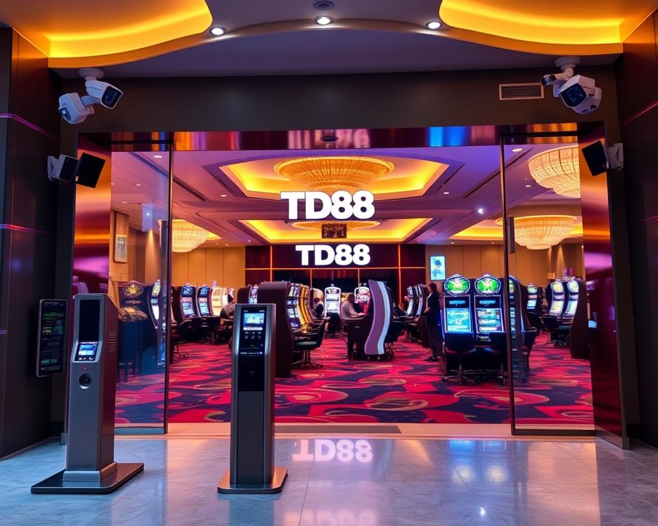 A secure and trustworthy casino entrance, with a modern and sleek design. In the foreground, a high-tech security system with biometric scanners and surveillance cameras, guarding the entrance. In the middle ground, the elegant and well-lit casino lobby, showcasing the brand name "TD88" prominently displayed. In the background, a glimpse of the gaming floor, filled with the excitement of players at the tables and slot machines. The lighting is warm and inviting, creating a sense of luxury and sophistication. The overall atmosphere exudes a strong aura of safety, reliability, and professionalism, reflecting the casino's commitment to absolute security and its long-standing reputation.
