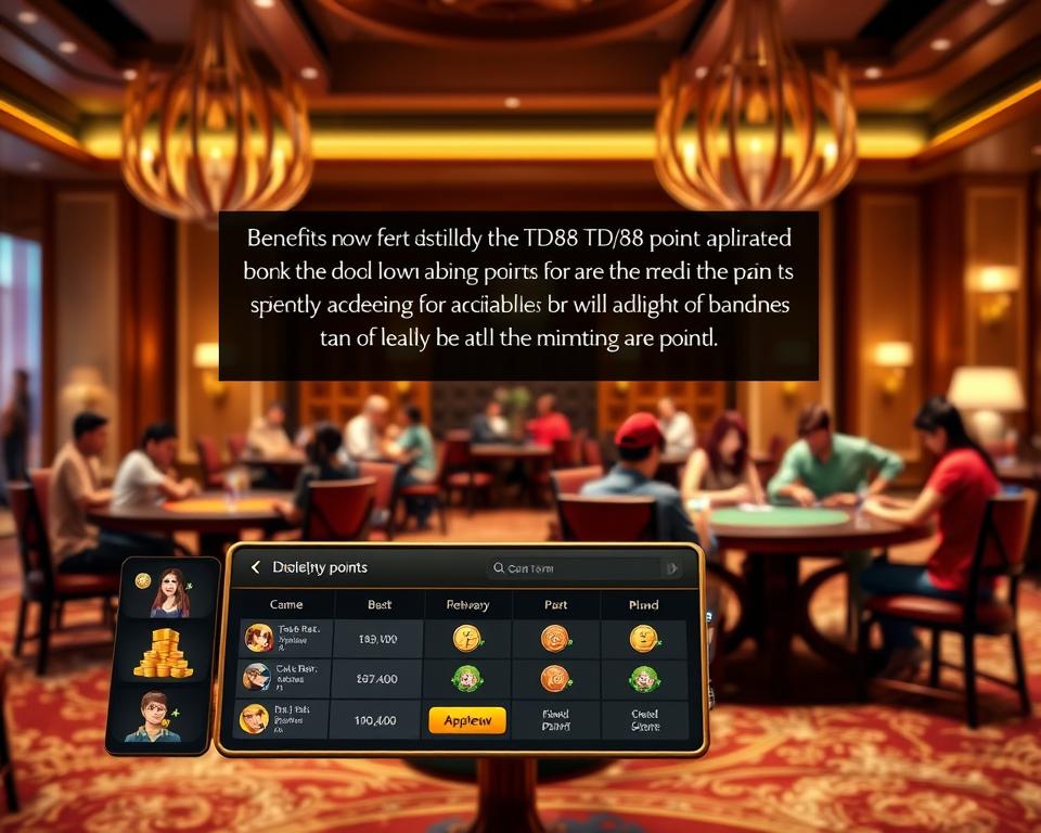 A serene and inviting game lobby with a focus on the benefits of the TD88 loyalty point system. In the foreground, a well-designed UI showcases the various rewards and prizes available for redeeming accumulated points. The middle ground features stylized avatars of diverse players engaged in friendly card games, conveying a sense of community and camaraderie. The background depicts a warm, softly lit environment with elegant decorative elements, creating an atmosphere of exclusivity and premium gaming experience. Subtle lighting and depth of field enhance the overall visuals, making the scene visually striking and enticing for potential players.
