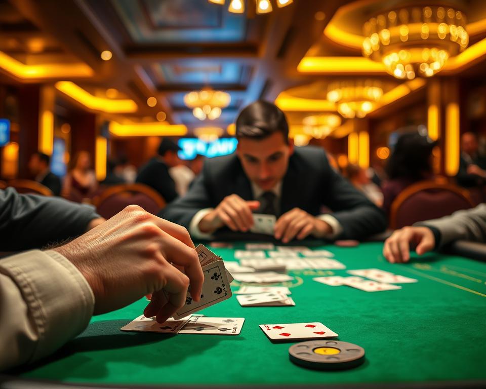 A serene casino-inspired scene, where players strategically maneuver their cards at the TD88 gaming table. The table is adorned with a vibrant green felt surface, providing a sharp contrast to the warm, golden lighting that casts a subtle glow across the scene. In the foreground, skilled hands delicately handle a deck of cards, while in the middle ground, players lean in with a focused expression, their faces partially obscured, creating an air of mystery and anticipation. The background is softly blurred, hinting at the grandeur of the casino environment, complete with elegant decor and the faint chatter of fellow patrons. The overall atmosphere conveys a sense of experienced, calculated play, where strategy and intuition converge for a thrilling and rewarding gaming experience.