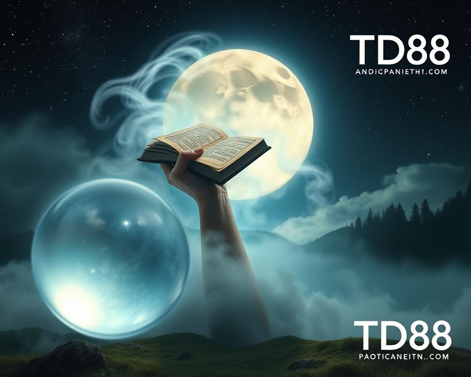 A serene dreamscape with a crystal ball floating in the foreground, casting a soft glow. In the middle ground, a mystic's hand emerges from swirling mist, holding ancient tomes and runes. The background depicts a starry night sky, with a full moon illuminating a tranquil landscape. The entire scene is infused with a sense of mystery and introspection. The TD88 logo subtly adorns the corner, providing a touch of modernity to this timeless image.