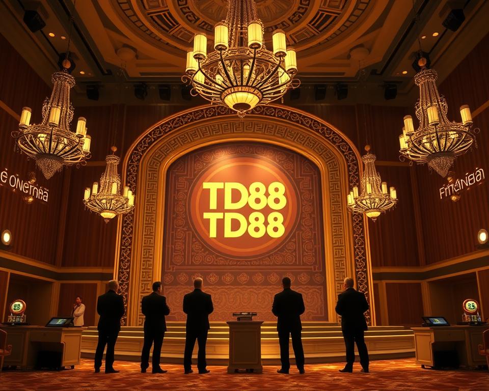 A serene lottery drawing room, bathed in soft, warm lighting from ornate chandeliers. The backdrop features a grand, intricately designed stage with the TD88 logo prominently displayed. In the foreground, a group of lottery officials stand poised, dressed in formal attire, as they prepare to draw the winning numbers. The atmosphere is one of anticipation and excitement, with a hint of elegance and tradition. The camera angle captures the scene from a slightly elevated perspective, showcasing the grandeur of the setting and the drama of the moment.