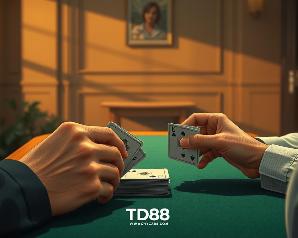 A serene, minimalist illustration of a high-stakes card game. In the foreground, a pair of weathered hands expertly manipulating a deck of cards, the focus on their deft movements. In the middle ground, a simple wooden table with a green felt surface, casting warm shadows. The background is softly blurred, hinting at an elegant, dimly lit room, the atmosphere one of quiet intensity. The overall tone is one of mastery and concentration, reflecting the "Bí quyết nâng cao từ cao thủ liêng". The TD88 logo subtly integrated into the scene.