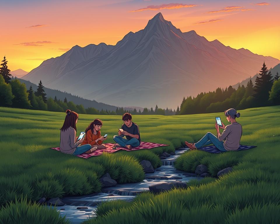 A serene, tranquil outdoor scene with a group of people enjoying a game of online card game on their mobile devices. The foreground features a lush, verdant meadow with a stream gently flowing through. In the middle ground, several people sit comfortably on picnic blankets, their faces illuminated by the soft, warm glow of their screens as they engage in the game. The background showcases a picturesque mountain range, bathed in the golden hues of the setting sun. The overall atmosphere is one of relaxation, leisure, and the joy of connecting through the shared experience of the TD88 online card game.
