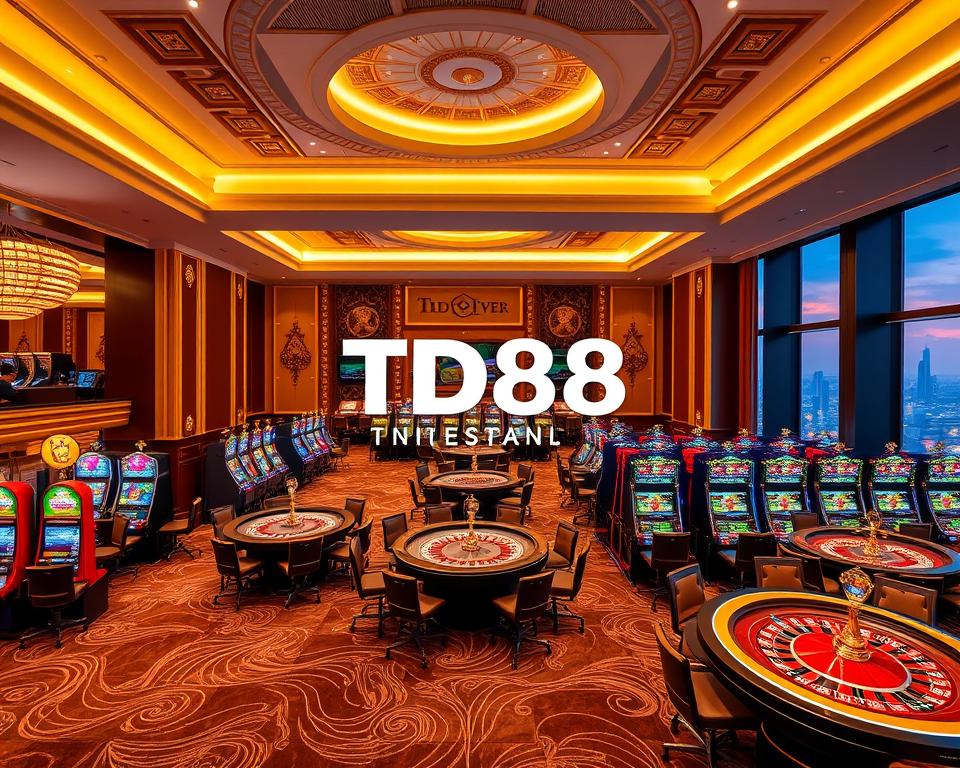 A sleek and modern casino interior with a prominently displayed "TD88" brand logo. The scene features a well-lit gaming floor with rows of gleaming slot machines and roulette tables, surrounded by luxurious furnishings and ornate architectural details. The atmosphere exudes an air of elegance and exclusivity, inviting patrons to indulge in a thrilling, hassle-free gambling experience. Soft, warm lighting casts a inviting glow, while large windows offer glimpses of the city skyline outside. The overall impression conveys a sense of uy tín, or trustworthiness, for this premier casino destination.
