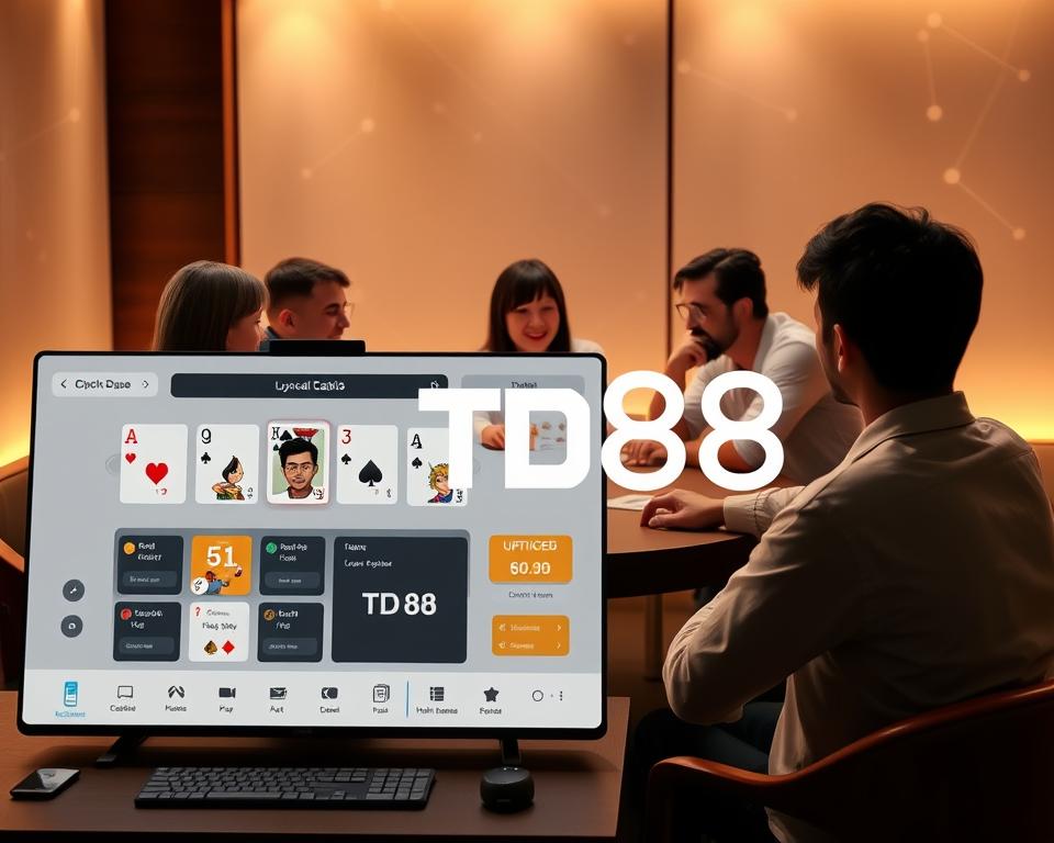 A sleek and modern online card gaming software suite, featuring a customizable virtual game room with a minimalist, elegant design. The foreground showcases the main interface, with a clean layout, intuitive controls, and high-quality 3D card assets. The middle ground depicts a group of friends gathered around a virtual table, engaged in a lively card game session, their faces filled with excitement. The background subtly hints at the advanced networking and multiplayer capabilities, with a subtle pattern of connection lines and data visualizations. The entire scene is bathed in a warm, inviting lighting scheme that creates a cozy, social atmosphere. The brand name "TD88" is prominently displayed, reflecting the software's high-quality and reliable gaming experience.