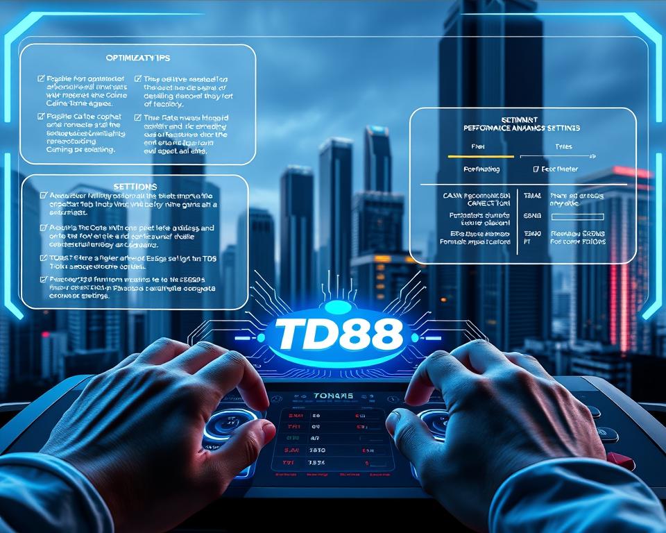 A sleek, futuristic software interface showcasing the seamless integration of the TD88 casino game emulator. Floating holographic displays present a wealth of optimization tips and performance-enhancing settings, bathed in a cool, neon-tinged ambiance. In the foreground, a pair of skilled hands manipulate intuitive control panels, expertly fine-tuning the emulator to deliver an immersive, casino-grade gaming experience. The middle ground features a stylized 3D model of the TD88 logo, surrounded by intricate circuitry and data visualizations. The background depicts a cityscape of towering skyscrapers, hinting at the power and sophistication of the software. The overall tone is one of technological mastery, empowering the user to unlock the full potential of their casino gaming simulations.