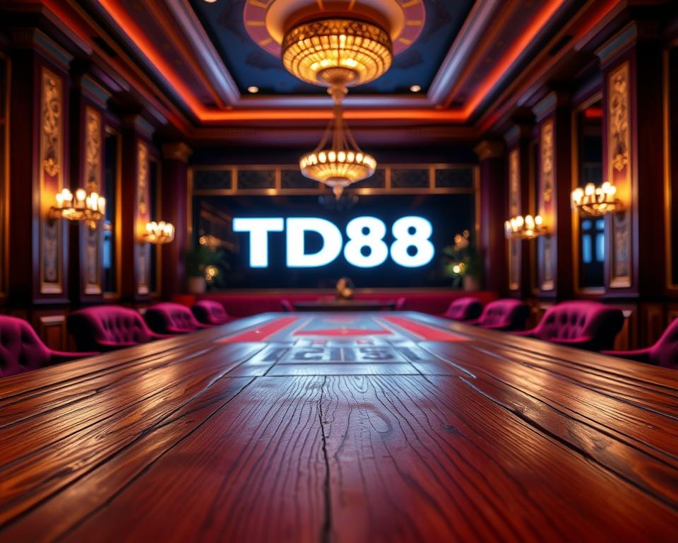 A sleek, modern casino environment with a focus on the "xóc đĩa" game. In the foreground, a high-contrast close-up of a wooden "xóc đĩa" table, its surface worn and textured. Surrounding it, a luxurious interior with lush, jewel-toned velvet furnishings and intricate, gilded architectural details. Warm, diffused lighting creates a cozy, inviting atmosphere. In the background, the brand name "TD88" is prominently displayed on a backlit sign, signifying a trusted, reputable online casino platform.