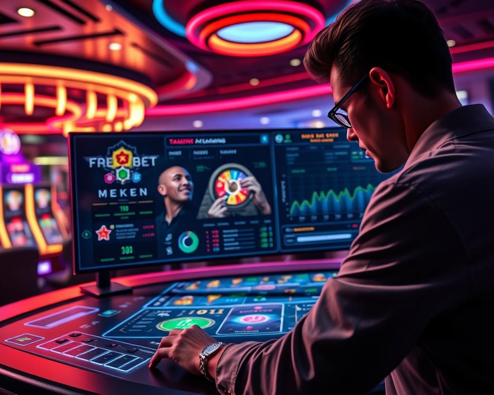 A sleek, modern casino game interface showcasing the latest TD88 title. A player character in the foreground is carefully studying the game mechanics, immersed in gameplay. In the middle ground, advanced UI elements and data visualizations provide strategic insights. The background depicts a futuristic, neon-lit casino environment, hinting at the cutting-edge technology powering the new game experience. Dramatic lighting, cinematic camera angles, and a sense of focus and intensity convey the act of optimizing gameplay strategies for this exciting new TD88 release.