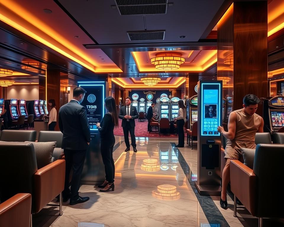 A sleek, modern casino lobby with plush leather chairs and gleaming marble floors. In the foreground, a group of patrons engage with the TD88 biometric security system, their faces scanned for a seamless, secure entry. The middle ground features stylishly dressed employees assisting customers, while the background showcases the vibrant energy of the gaming tables and slot machines. Soft, warm lighting creates an inviting atmosphere, reflecting the cutting-edge technology that powers the casino's advanced biometric authentication. The scene conveys a sense of sophistication, efficiency, and trust in the casino's commitment to safeguarding its clients' personal data and gaming experience.