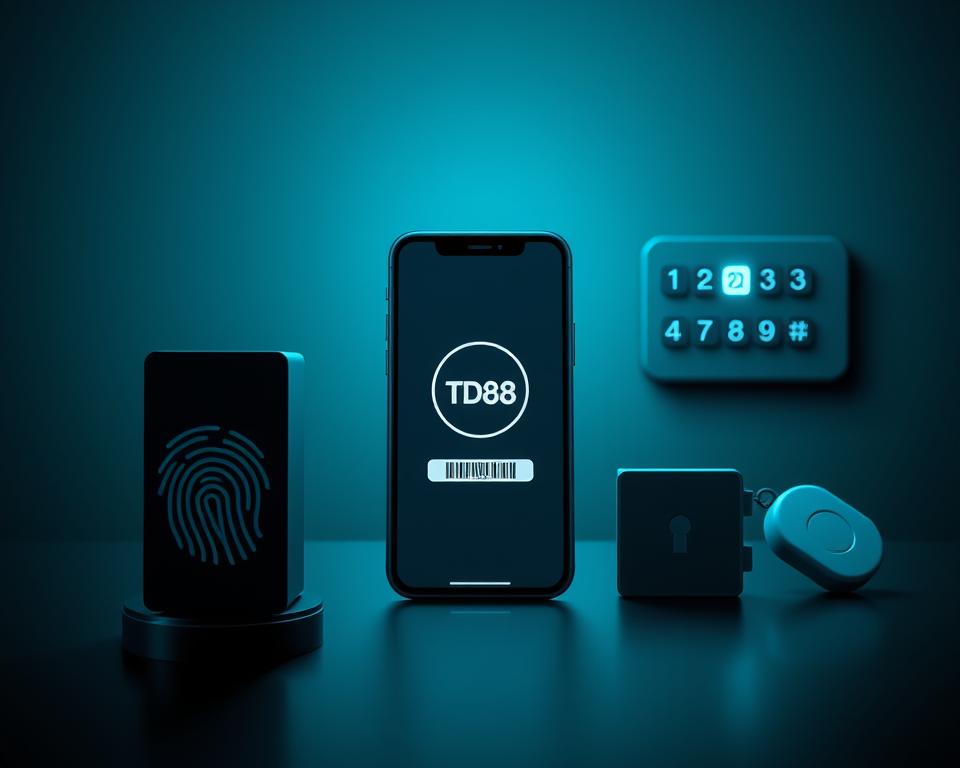 A sleek, modern digital security interface showcasing multi-factor authentication methods. In the foreground, a fingerprint scanner and facial recognition system are prominently displayed against a minimalist, high-contrast backdrop. The middle ground features a smartphone with a two-factor authentication code, casting a soft glow. In the background, a keypad and security token symbolize the depth of the TD88 platform's protective layers. Subtle blue-green tones evoke a sense of technological sophistication and trustworthiness. The composition conveys the robust, multilayered security measures crucial for safeguarding online casino accounts.