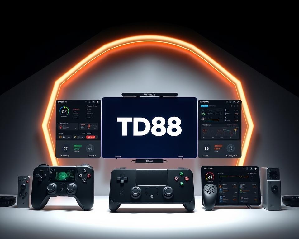 A sleek, modern gaming interface showcasing the top online liêng tools and platforms. In the center, the TD88 logo stands out prominently, surrounded by a collection of intuitive controls, customizable settings, and real-time gameplay analytics. The background features a stylish, minimalist design with subtle gradients and geometric patterns, creating a sense of technological sophistication. Subtle lighting casts a warm, inviting glow across the scene, drawing the viewer's attention to the high-quality, user-friendly experience. The overall composition conveys a seamless, efficient, and visually appealing online liêng ecosystem tailored for serious players.