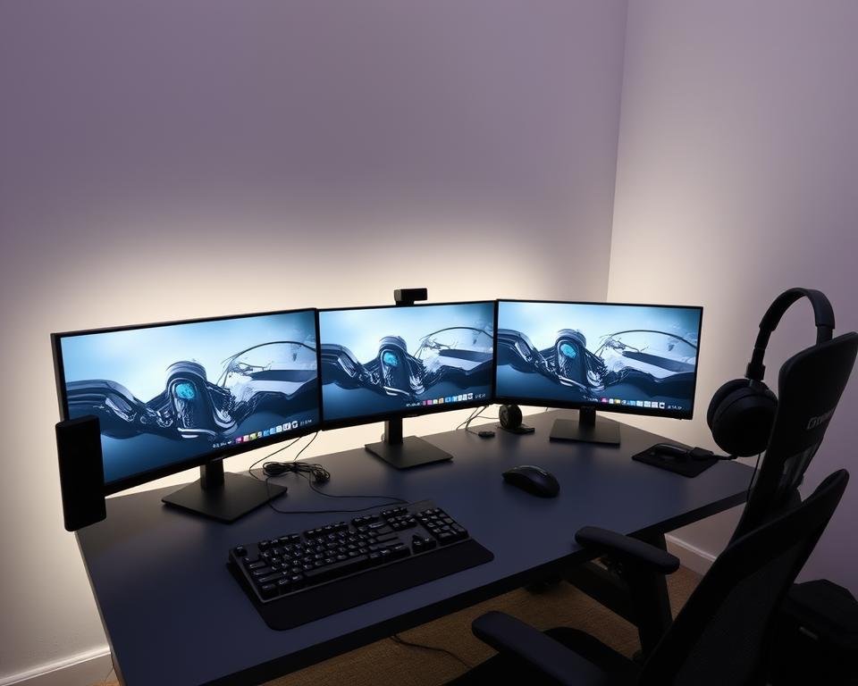 A sleek, modern gaming setup with multiple high-performance monitors arranged in a clean, ergonomic layout. The setup features the TD88 gaming peripherals, including a premium mechanical keyboard, a precision mouse, and a stylish headset, all in a muted, minimalist color scheme. The lighting is soft and even, creating a calming atmosphere that enhances the focus and immersion of the multi-screen gaming experience. The room is well-organized, with cable management and a sturdy, adjustable desk that can accommodate the complex hardware setup. The overall impression is one of efficiency, power, and a streamlined, professional approach to advanced gaming.