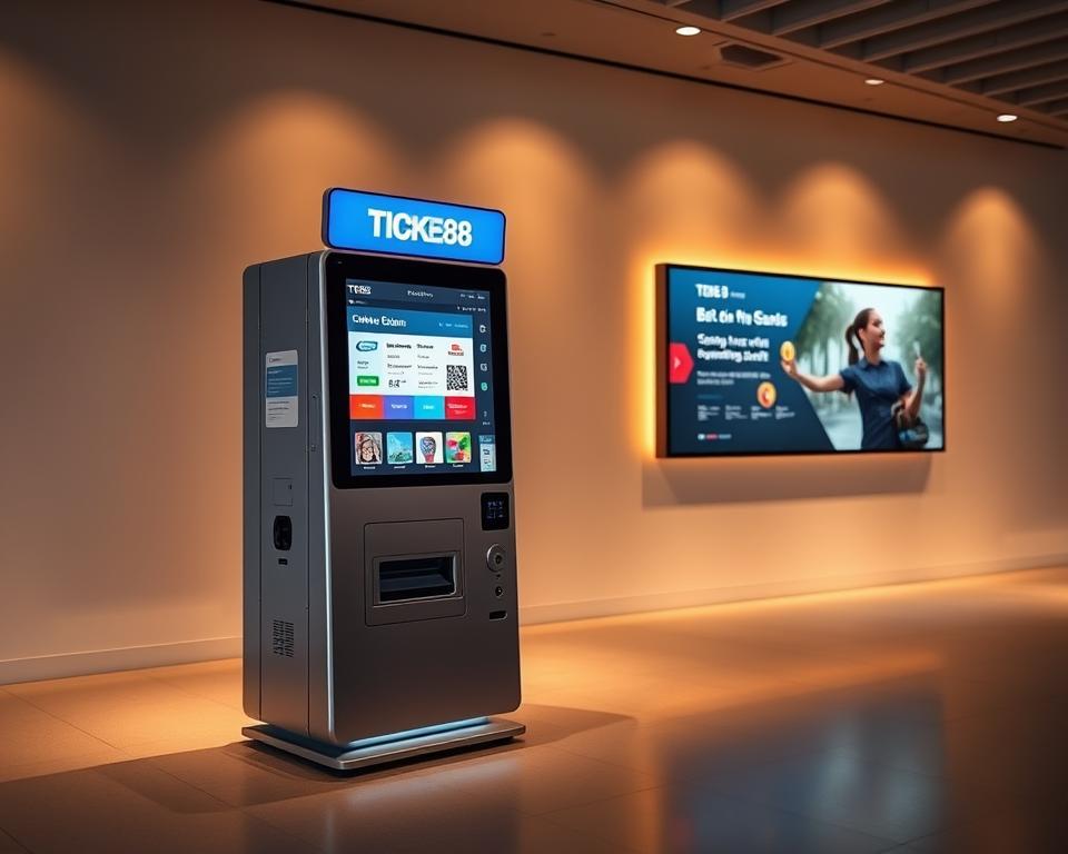 A sleek, modern ticket vending system stands in a well-lit, minimalist setting. The TD88 kiosk's clean lines and intuitive interface invite users to effortlessly purchase tickets. Ambient lighting casts a warm glow, creating a welcoming atmosphere. In the background, a seamless digital display showcases upcoming event information, guiding customers through the process. The system's efficient, automated nature is complemented by its stylish, user-friendly design, reflecting the sophistication of Vietnam's evolving ticketing infrastructure.