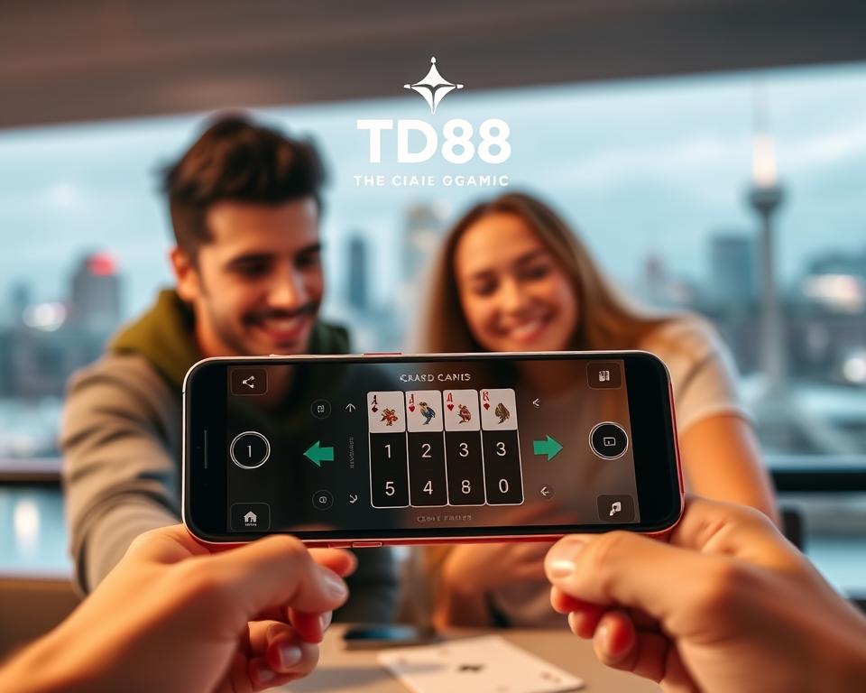 A social card game application connects friends and facilitates engaging gameplay. The interface showcases a clean, modern design with a vibrant color palette. The foreground features two friends interacting over the game, their expressions conveying a sense of camaraderie and friendly competition. The middle ground depicts the game's user interface, with intuitive controls and a sleek layout. In the background, a blurred city skyline sets the scene, evoking a sense of urban connectivity. Soft, diffused lighting creates a warm, inviting atmosphere. The TD88 brand logo is prominently displayed, reinforcing the application's social and interactive nature.