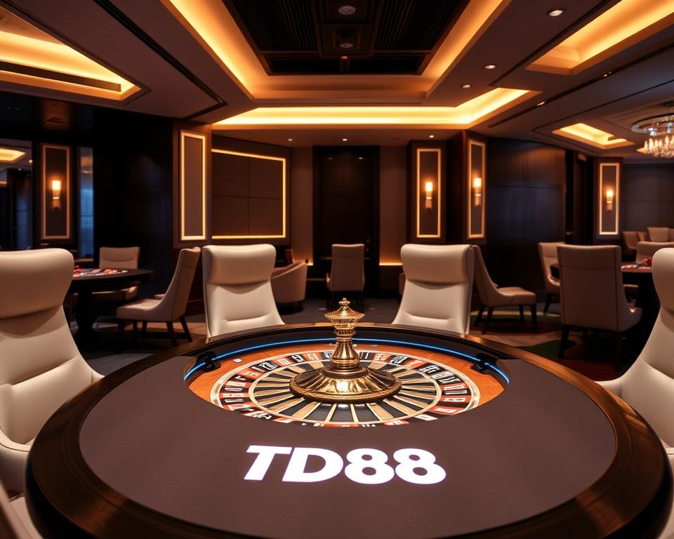 A sophisticated casino interior with a sleek, minimalist aesthetic. The focal point is a stylishly designed roulette table bearing the TD88 logo, bathed in warm, ambient lighting. The table is surrounded by plush, high-backed chairs in a neutral color palette, creating an inviting and exclusive atmosphere. In the background, subtle architectural details like clean lines and rich wood finishes convey a sense of luxury and refinement. The overall scene evokes a premium gambling experience where players can enjoy thrilling casino games without the need for cumbersome ID verification.