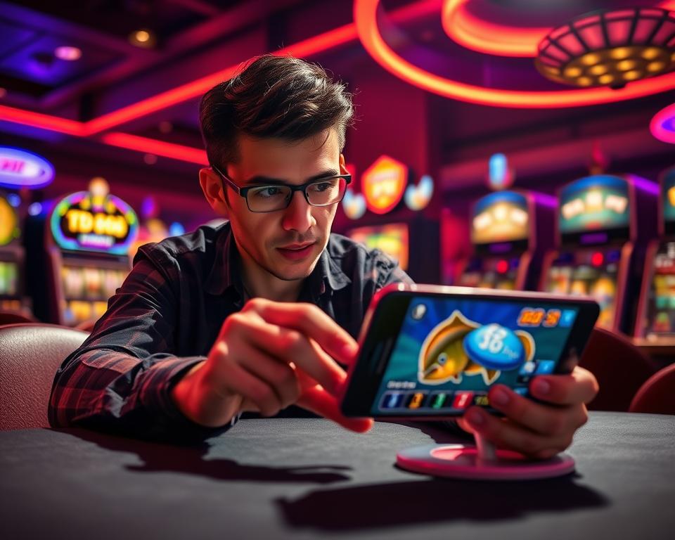 A strategic gamer sits focused at a table, fingers poised over a mobile device displaying the TD88 casino game. Vibrant, neon-lit casino atmosphere surrounds them, with slot machines and gaming tables visible in the background. Dramatic lighting casts dynamic shadows, emphasizing the intensity of gameplay. The gamer's expression is one of determination, as they carefully plan their next move to maximize their fishing game earnings. A sense of immersion and potential for financial reward permeates the scene.