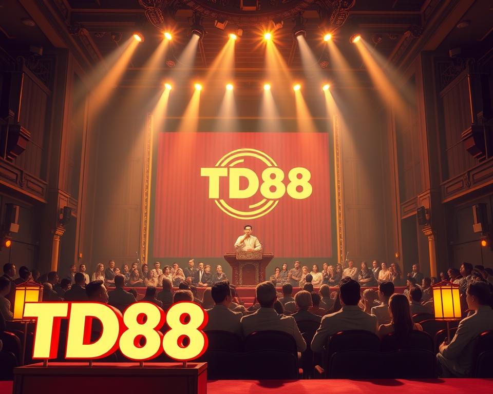 A stunning lottery drawing scene set in a dimly lit auditorium. The stage is illuminated with soft, warm lighting, casting a golden glow on the ornate podium where the lottery balls are drawn. In the foreground, a large TD88 logo is prominently displayed, its sleek design reflecting the elegant atmosphere. The middle ground features a group of anticipating onlookers, their faces filled with excitement as they await the reveal of the winning numbers. In the background, the auditorium's grand architecture and ornate details create a sense of grandeur and anticipation. The overall mood is one of suspense and anticipation, capturing the essence of the Southern Vietnam lottery draw.