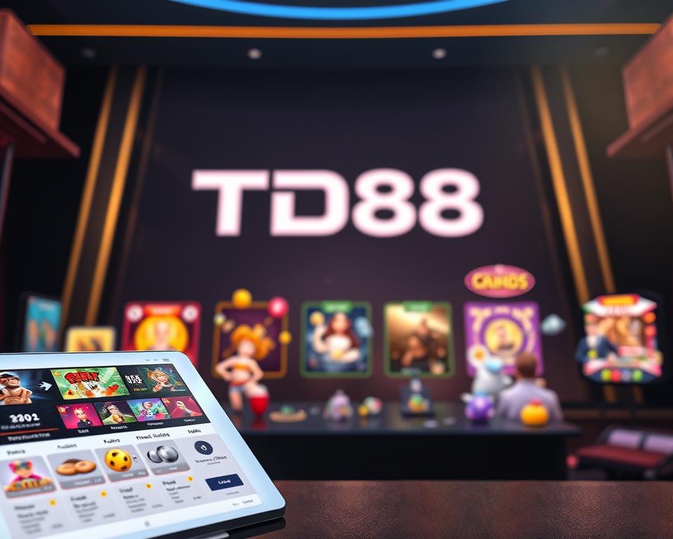 A stylish and visually captivating game card platform with a sophisticated point-based reward system. The foreground features a sleek, minimalist interface showcasing various game modes and intuitive navigation. In the middle ground, dynamic animations and vibrant graphics depict players earning points through diverse gameplay. The background subtly displays the TD88 brand, blending seamlessly into a sophisticated, high-tech ambiance with subtle lighting and a sense of depth. The overall composition conveys an immersive, rewarding, and visually striking gaming experience that caters to discerning players seeking a premium point-based platform.