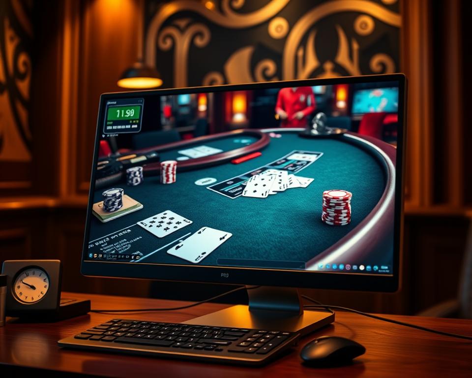 A stylish desktop setup showcasing the TD88 casino-style card game simulation software. The computer display depicts a realistic virtual casino table, with detailed graphics and animations of poker chips, playing cards, and other gambling accoutrements. Soft, warm lighting illuminates the scene, creating an inviting and immersive atmosphere. The computer's sleek, modern design complements the high-fidelity visuals, suggesting a seamless, premium gaming experience. The angle captures the setup from a slightly elevated perspective, allowing the viewer to appreciate the full scope of the simulated casino environment on the display.