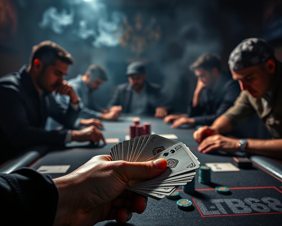 A tactical game board with a bold "TD88" logo, showcasing effective strategies for a high-stakes card game tournament. The scene features a dimly lit, smoke-filled room with players intensely focused on their hands. Dramatic shadows cast across their faces, conveying the tension and concentration of the competition. In the foreground, a player's hand holds a carefully selected set of cards, hinting at the calculated moves and decision-making process. The middle ground showcases the game table, with its felt surface and scattered chips, while the background is obscured in a hazy, atmospheric lighting, creating a sense of mystery and high-stakes drama.