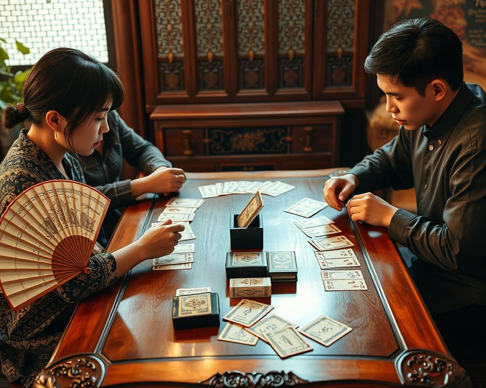 A traditional Vietnamese card game set, with a vintage wooden table, delicate fans, and a TD88 playing card deck. Soft, warm lighting casts a cozy atmosphere, while intricate details like ornate patterns and subtle textures evoke the rich cultural heritage. Players engaged in an intense, yet intimate round, their faces focused and expressions mirrored in the polished table surface. The overall scene exudes a sense of timeless elegance and cultural tradition.