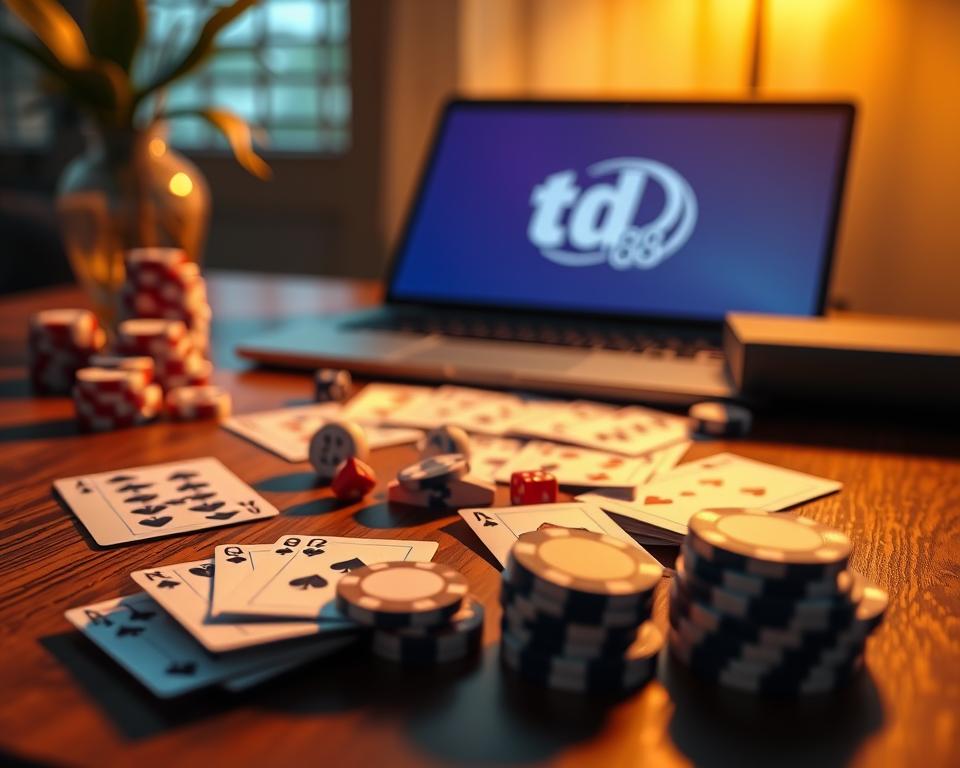 A tranquil 3D game board with intricately detailed playing cards, poker chips, and dice scattered across a polished wooden surface. The scene is bathed in warm, golden lighting, creating a cozy and inviting atmosphere. In the background, a sleek, modern-looking laptop displays the TD88 logo, signifying the digital gaming experience. The overall composition suggests the benefits of engaging in 3D card games, such as enhanced strategic thinking, social interaction, and a sense of immersion in a visually appealing virtual environment.