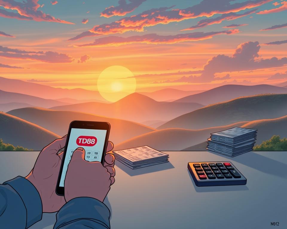 A tranquil scene depicting the experience of playing the ultra-fast lottery (Xo so sieu toc) in Vietnam. In the foreground, a pair of hands carefully selecting lottery numbers on a mobile device, with the TD88 logo subtly displayed. The middle ground showcases a stack of lottery tickets and a calculator, hinting at the strategic analysis involved. In the background, a serene landscape of rolling hills and a vibrant sky, creating a sense of calm and focus. Soft, diffused lighting illuminates the scene, conveying an atmosphere of contemplation and concentration. The overall composition reflects the thoughtful and strategic nature of playing the ultra-fast lottery effectively.