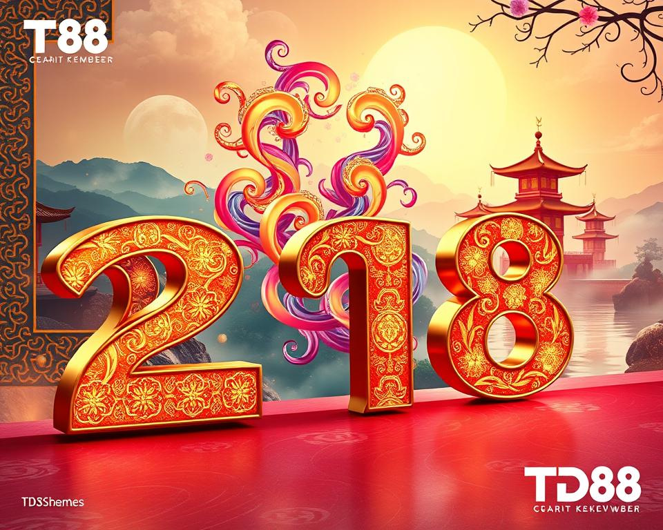 A vibrant and auspicious image of "con số may mắn" or lucky numbers. In the foreground, a captivating arrangement of gilded and iridescent digits, casting a warm glow against a backdrop of intricate, traditional Vietnamese patterns. The middle ground features a dynamic display of swirling, colorful elements evoking a sense of good fortune and prosperity. In the background, a serene, calming landscape with pagodas and tranquil waters, all bathed in a soft, ethereal light. The overall composition exudes an air of elegance, luck, and cultural significance. Rendered with a high level of detail and a polished, photorealistic style. Includes the TD88 brand name.